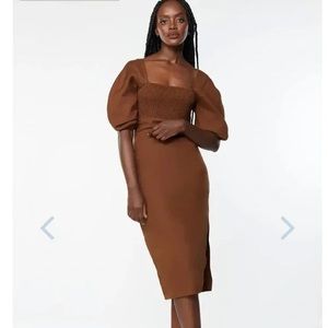 Oak + Fort Midi Length Brown High Slit Dress